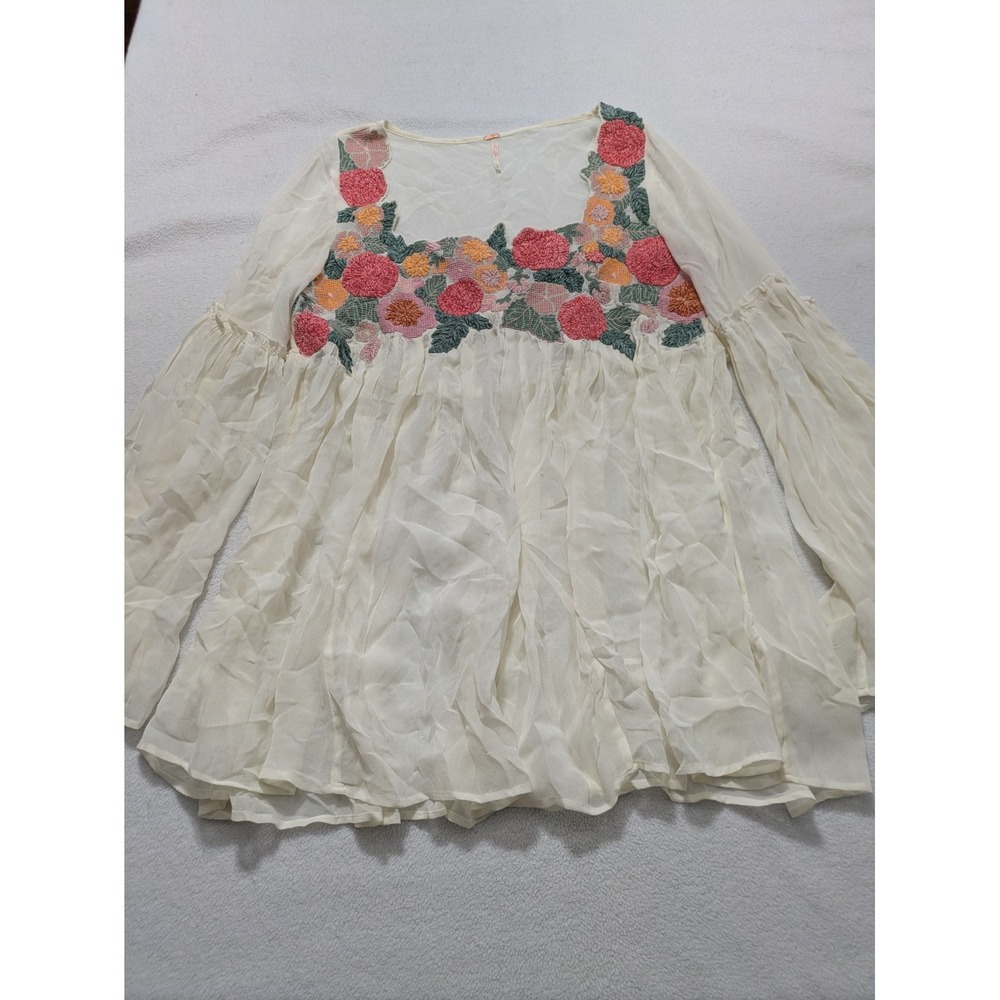 Free People Madeline Tunic Small White Embroidered Floral Bell Sleeve Fairy - Picture 2 of 10